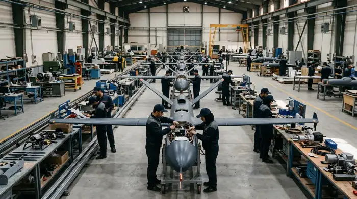 Chaîne d'assemblage de drones militaires dans une usine d'armement iranienne.