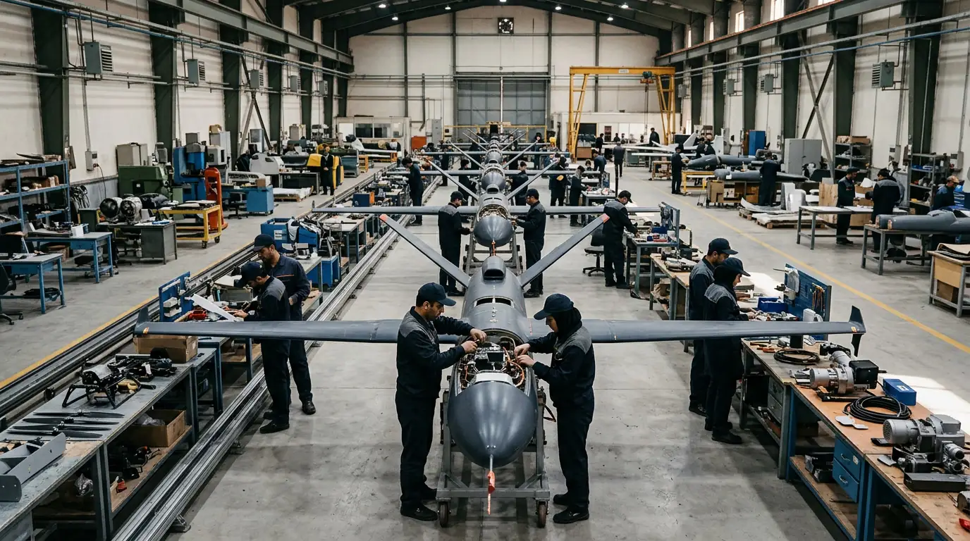 Chaîne d'assemblage de drones militaires dans une usine d'armement iranienne.