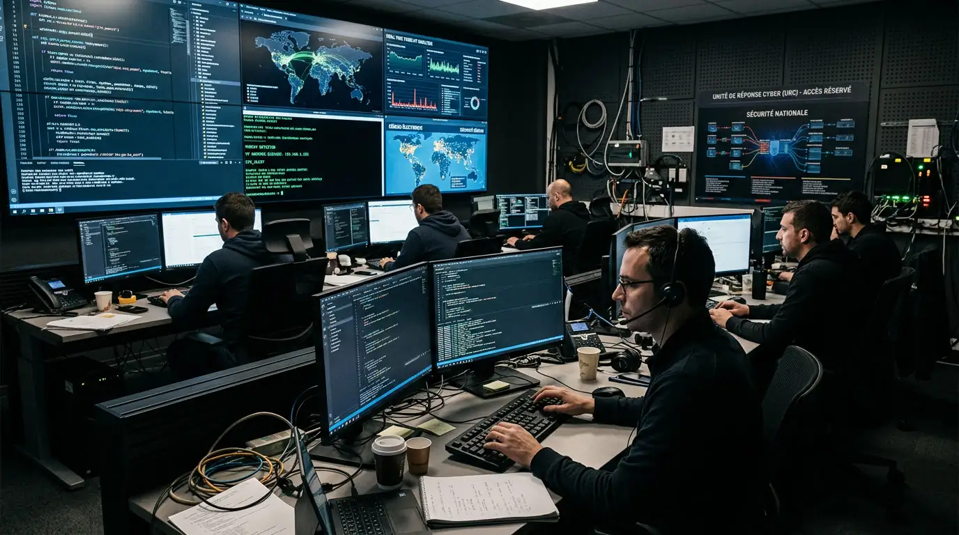 Salle d'opérations cybernétiques avec écrans de code et cartes numériques.