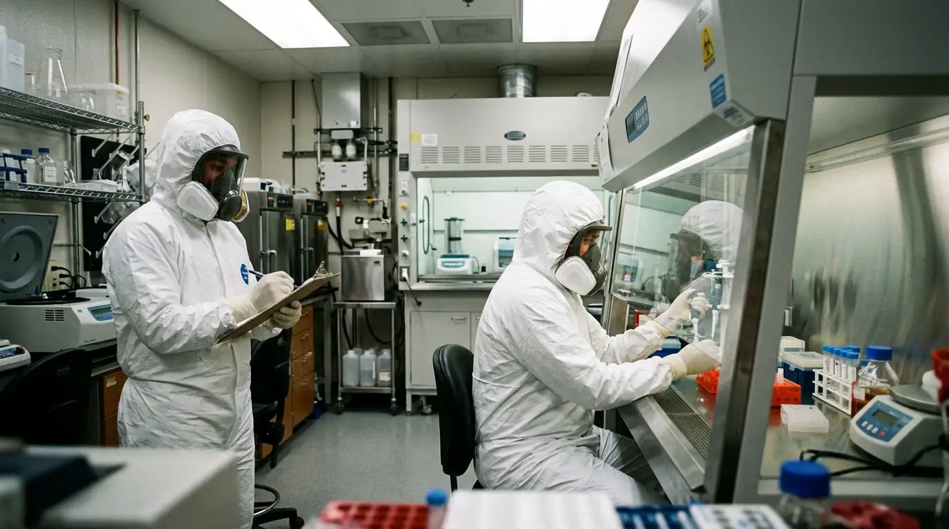 Laboratoire scientifique avec personnel en combinaison de protection et équipements de biosécurité.
