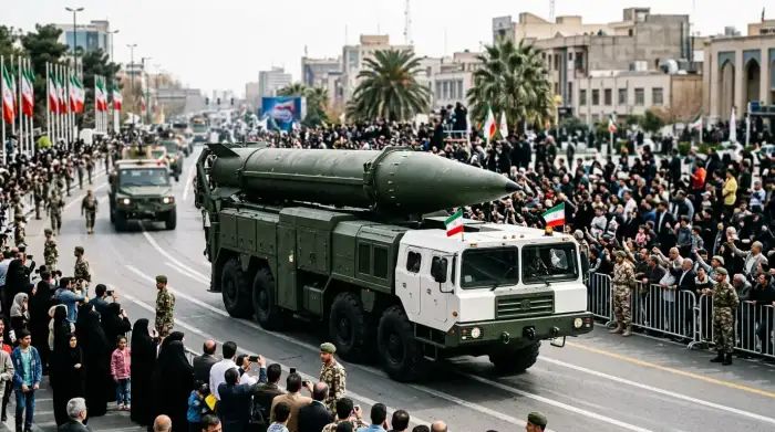 Missile balistique iranien exposé lors d'une parade militaire à Téhéran.