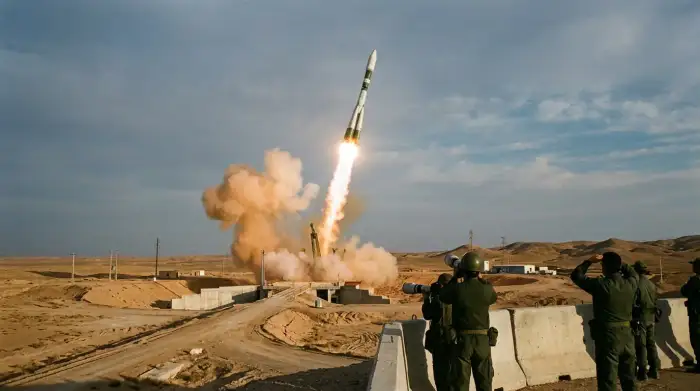 Lancement d'une fusée porteuse de satellite iranienne depuis un site spatial du désert.