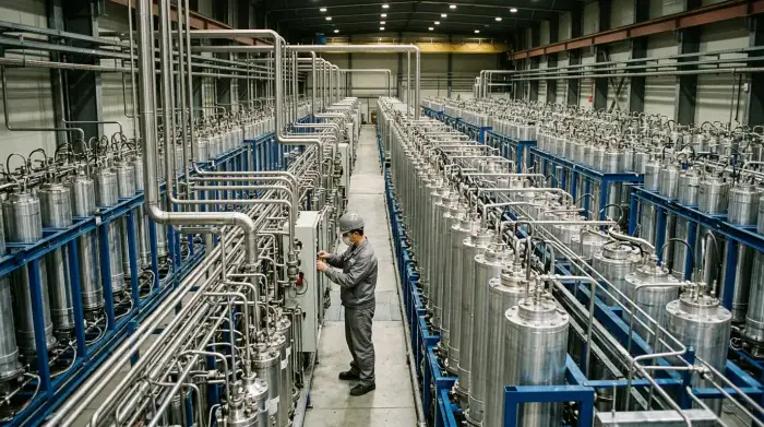 Centrifugeuses d'enrichissement d'uranium dans une installation nucléaire, illustrant le programme nucléaire iranien.