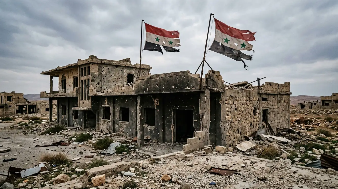 Bâtiment militaire abandonné et drapeaux déchirés dans une zone de conflit en Syrie.