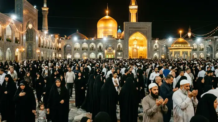 Pèlerins chiites rassemblés devant un sanctuaire illuminé, symbole de l'influence religieuse iranienne au Moyen-Orient.