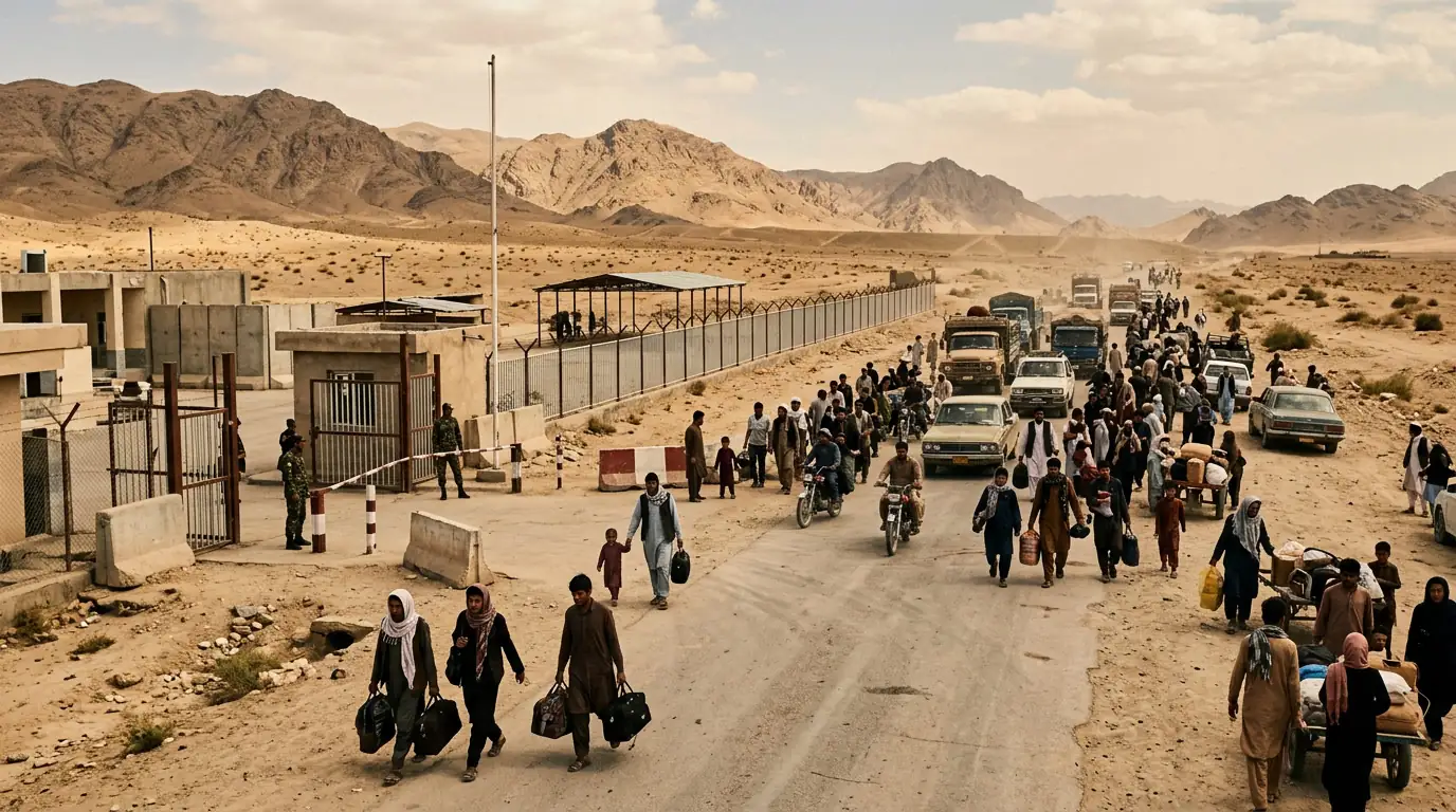 Poste-frontière entre l'Iran et l'Afghanistan, dans une région désertique.