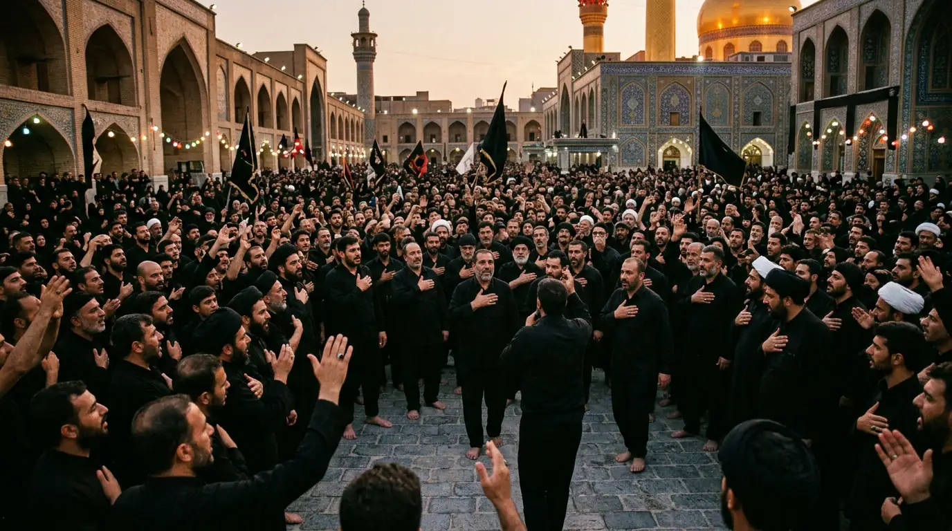 Pèlerins chiites rassemblés lors d'une cérémonie religieuse au Moyen-Orient.
