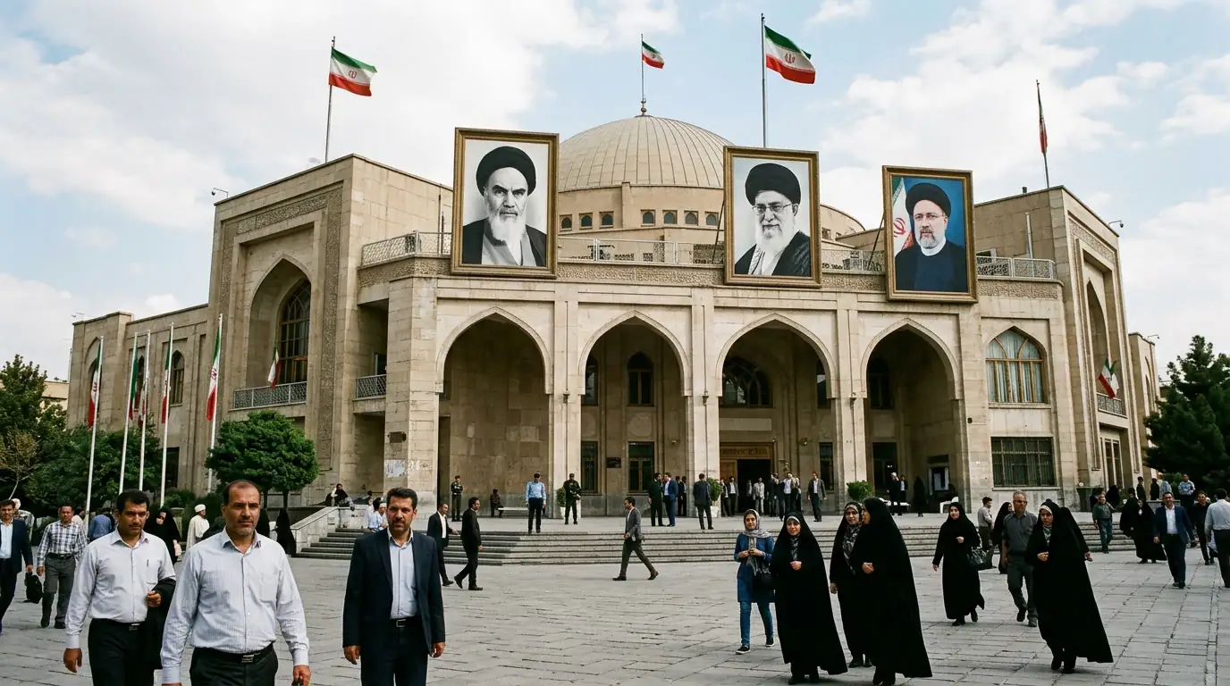 Bâtiment institutionnel iranien surmonté de portraits officiels, symbole du pouvoir partagé entre clergé et institutions élues.