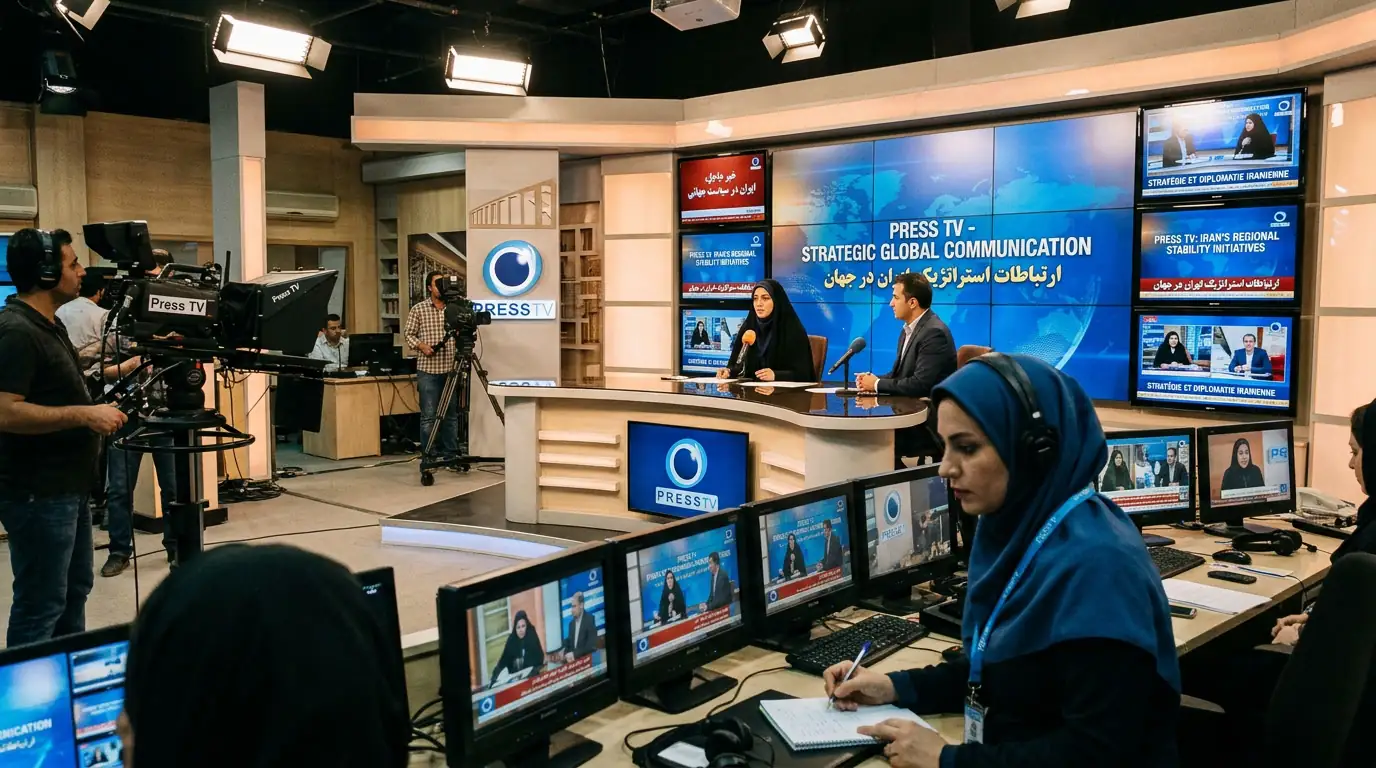 Studio de télévision et écrans diffusant des informations en plusieurs langues, illustrant la communication stratégique iranienne.