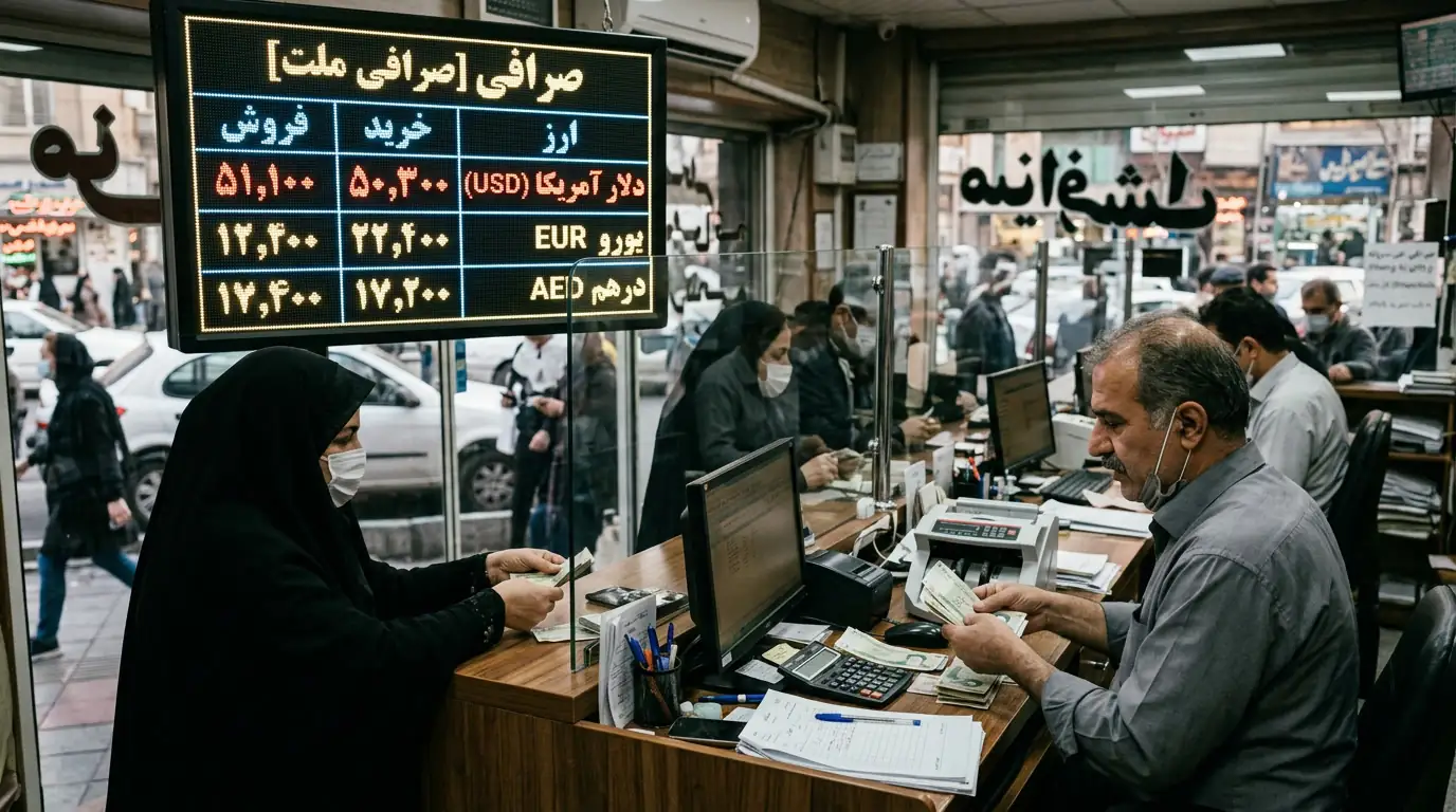 Bureau de change à Téhéran affichant le cours du rial face au dollar américain.