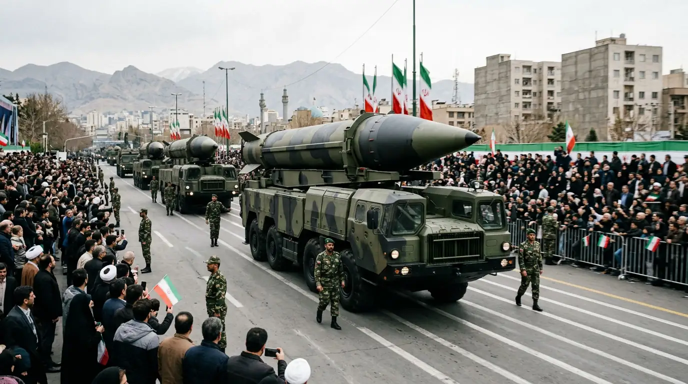 Missiles balistiques iraniens exposés lors d'une parade militaire, illustrant l'arsenal de l'Iran et son impact régional.