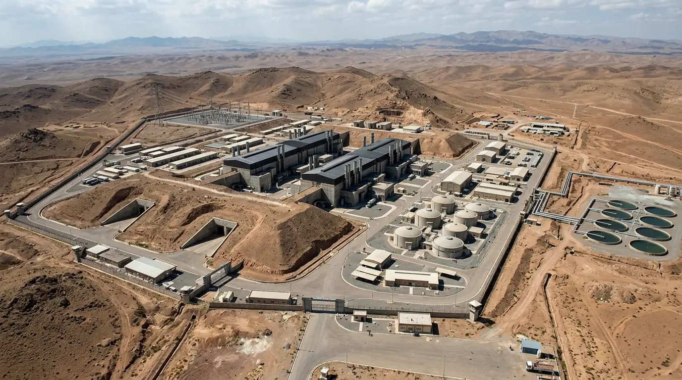 Vue aérienne d'un site d'enrichissement nucléaire iranien avec installations souterraines.