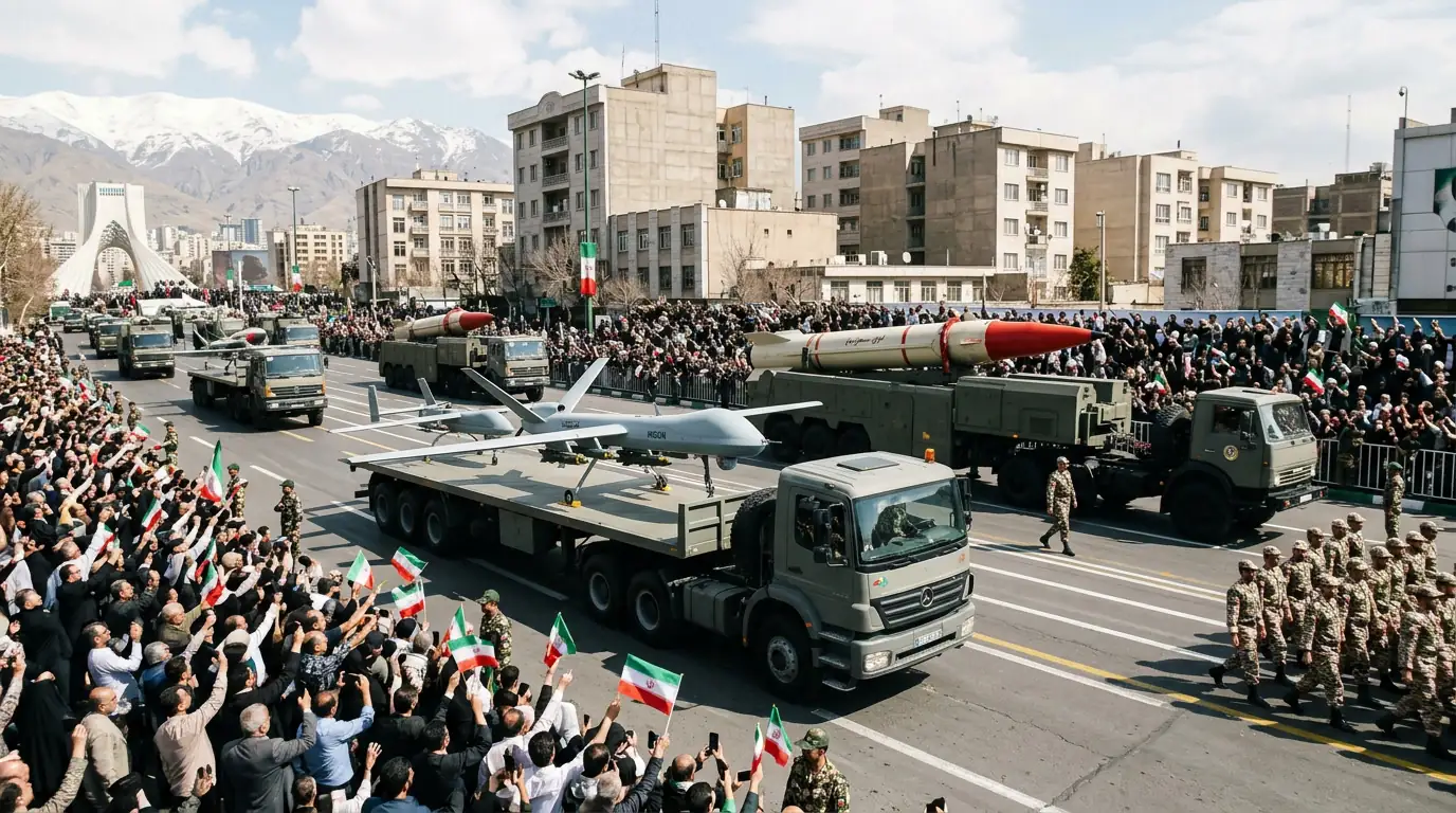 Drones et missiles iraniens exposés lors d'une parade militaire à Téhéran.