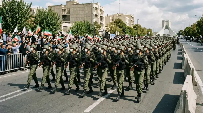 Défilé de membres du Corps des Gardiens de la Révolution islamique en uniforme à Téhéran.