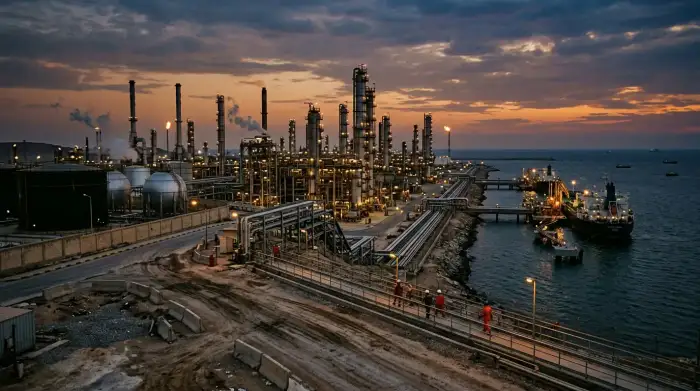 Installations pétrolières et gazières iraniennes au bord du golfe Persique, au crépuscule.