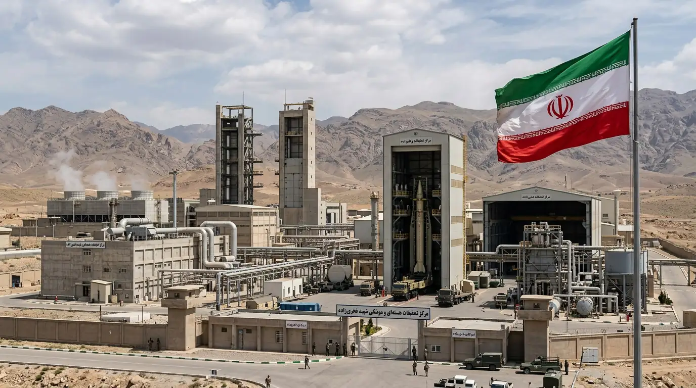 Drapeau iranien et installation industrielle, symbole des ambitions nucléaires et balistiques de Téhéran.