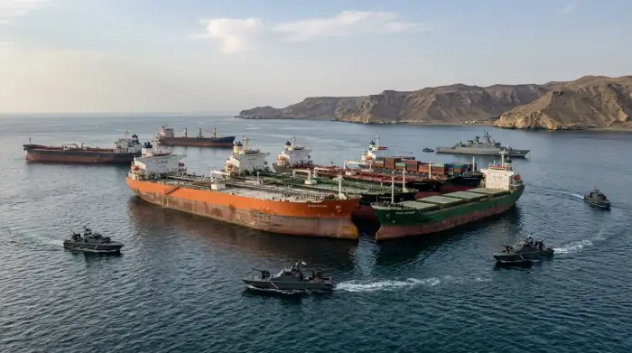 Pétroliers et cargos immobilisés à l'entrée du détroit d'Ormuz sous surveillance de vedettes iraniennes, illustrant le blocage du transit énergétique de 2026.