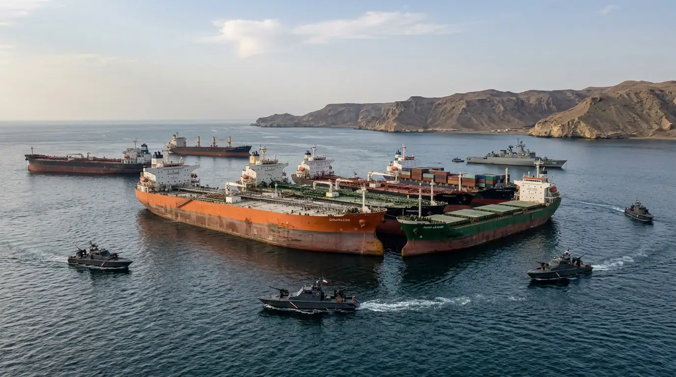 Pétroliers et cargos immobilisés à l'entrée du détroit d'Ormuz sous surveillance de vedettes iraniennes, illustrant le blocage du transit énergétique de 2026.