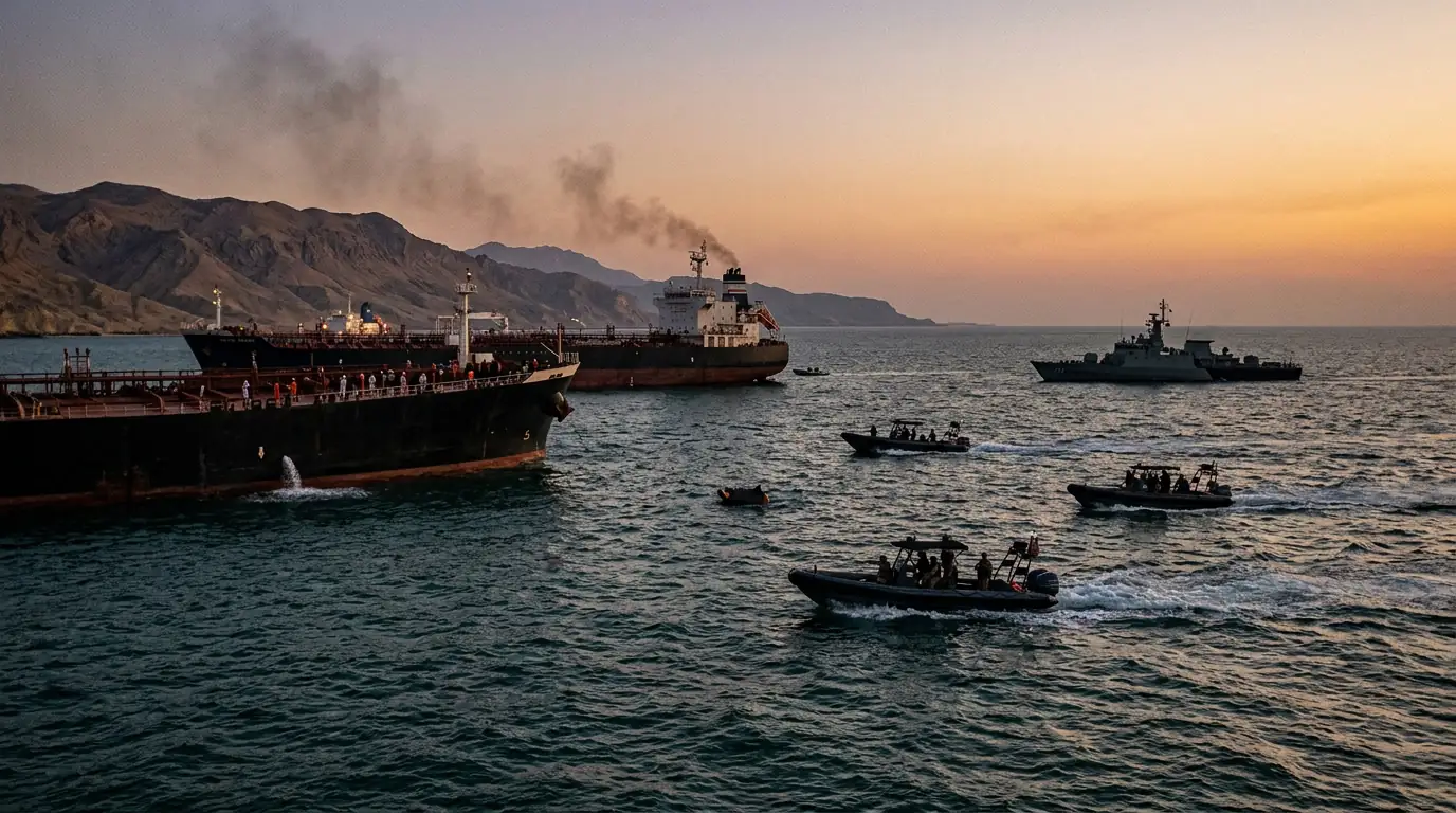 Vue du détroit d'Ormuz, pétroliers à l'arrêt au large des côtes iraniennes sous menace de mines et de vedettes rapides.