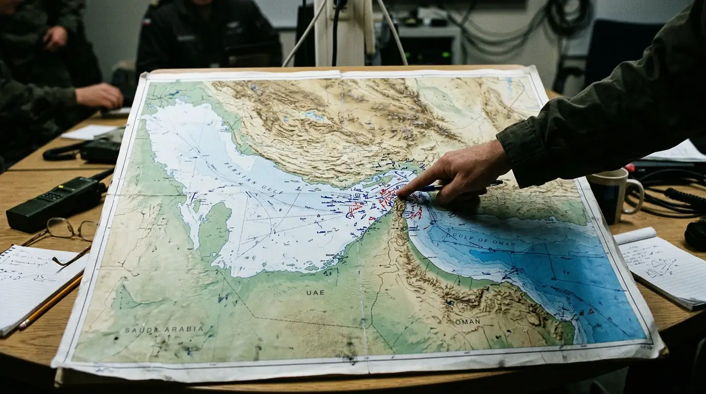 Carte du détroit d'Ormuz et du Golfe Persique, théâtre central de l'enlisement militaire entre l'Iran et les États-Unis en 2026.
