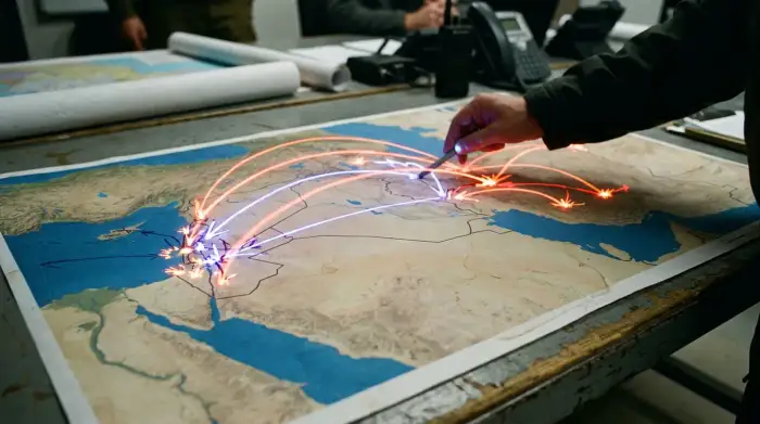 Carte du Moyen-Orient marquée par les trajectoires de missiles entre l'Iran et Israël, illustrant leur affrontement direct.
