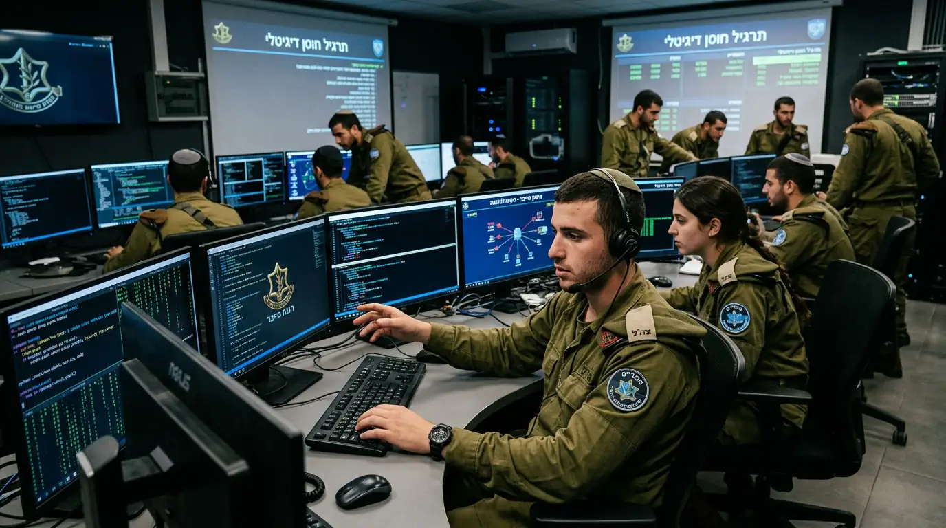 Salle d'opérations cyber avec écrans de code, illustrant la formation numérique au sein de Tsahal.