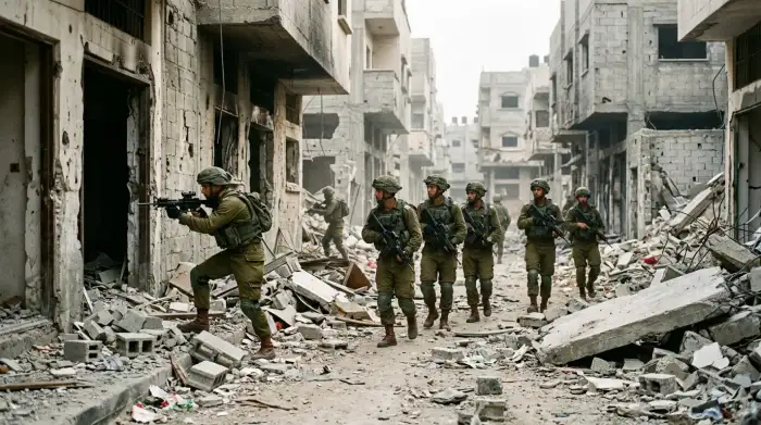 Soldats israéliens progressant en combat urbain à travers les décombres d'un quartier dense.