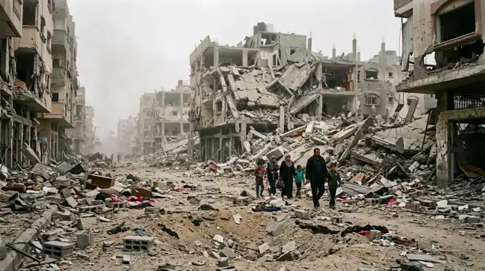 Bâtiments détruits dans la bande de Gaza après les bombardements, illustration du conflit israélo-palestinien.