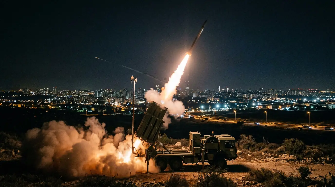 Batterie Iron Dome tirant un missile intercepteur Tamir dans un ciel nocturne au-dessus d'Israël.