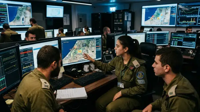 Analystes du renseignement militaire israélien devant des écrans de données et de cartes dans un centre d'opérations.