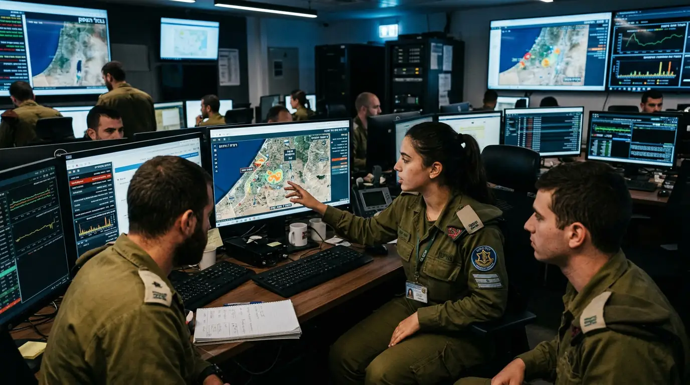 Analystes du renseignement militaire israélien devant des écrans de données et de cartes dans un centre d'opérations.