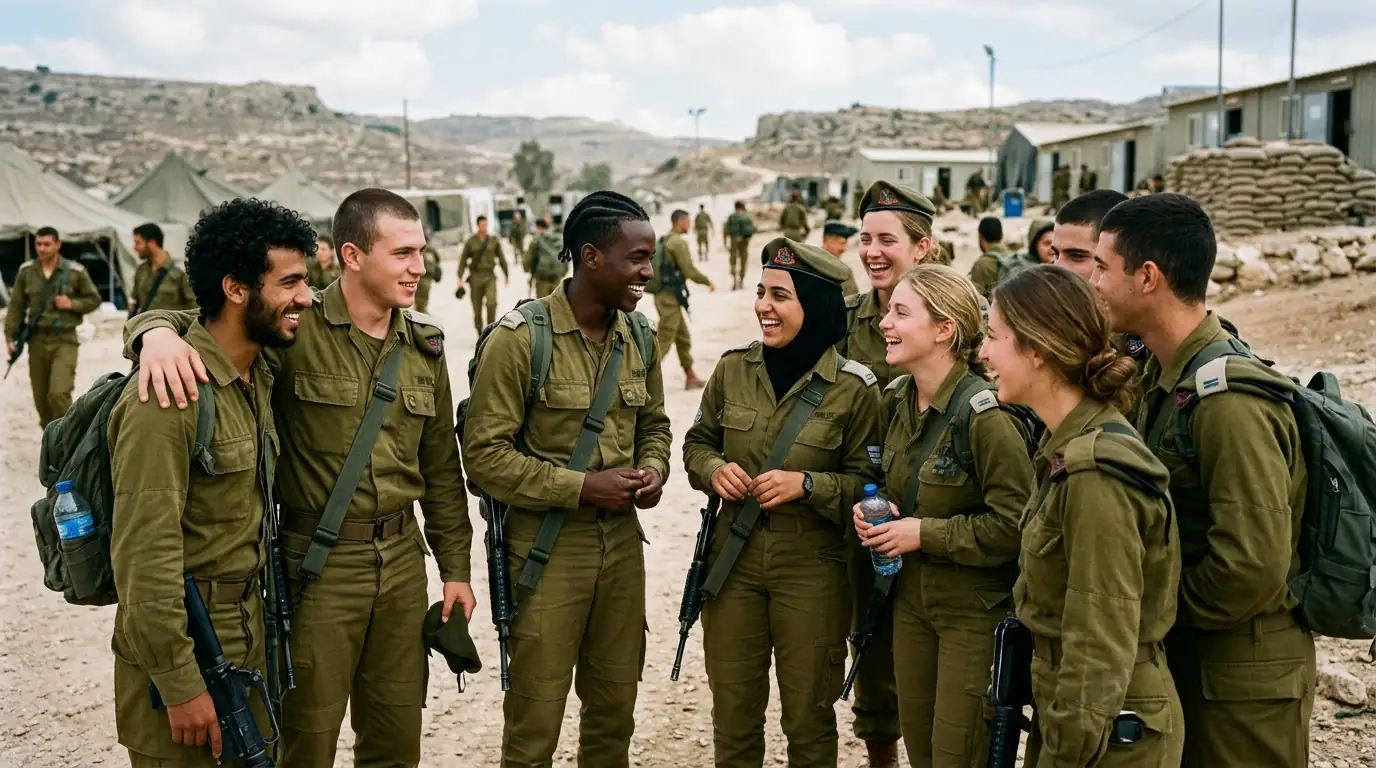 Jeunes recrues de Tsahal de divers horizons rassemblées, illustrant le rôle d'intégration sociale de l'armée israélienne.