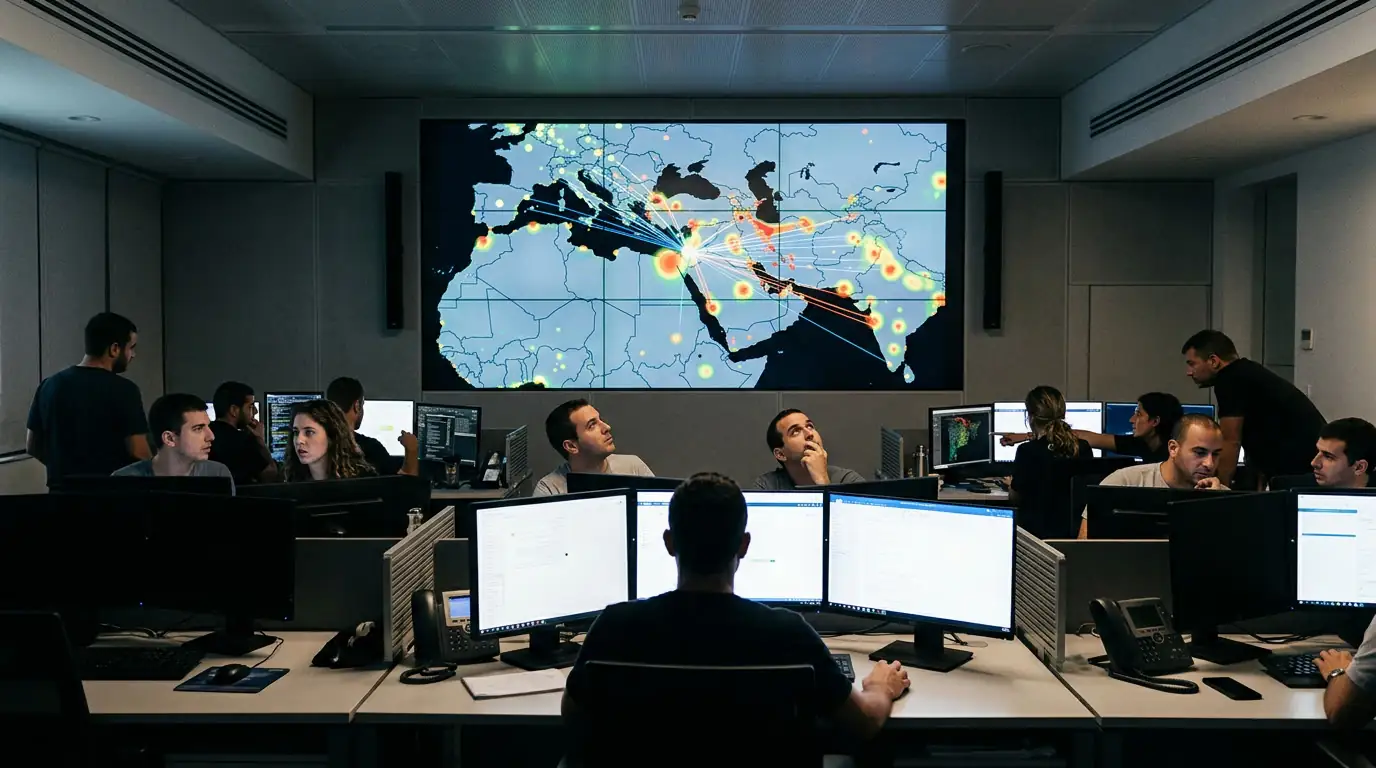 Centre de cyberdéfense israélien avec cartes de menaces, illustrant la guerre numérique menée par l'État hébreu.
