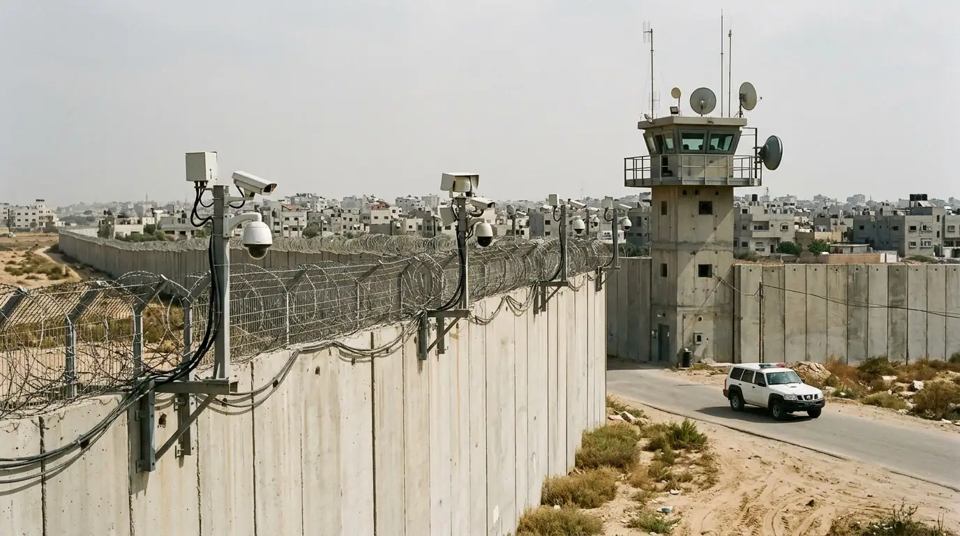 Section de la barrière de sécurité entre Israël et la bande de Gaza, hérissée de capteurs et de tours d'observation.