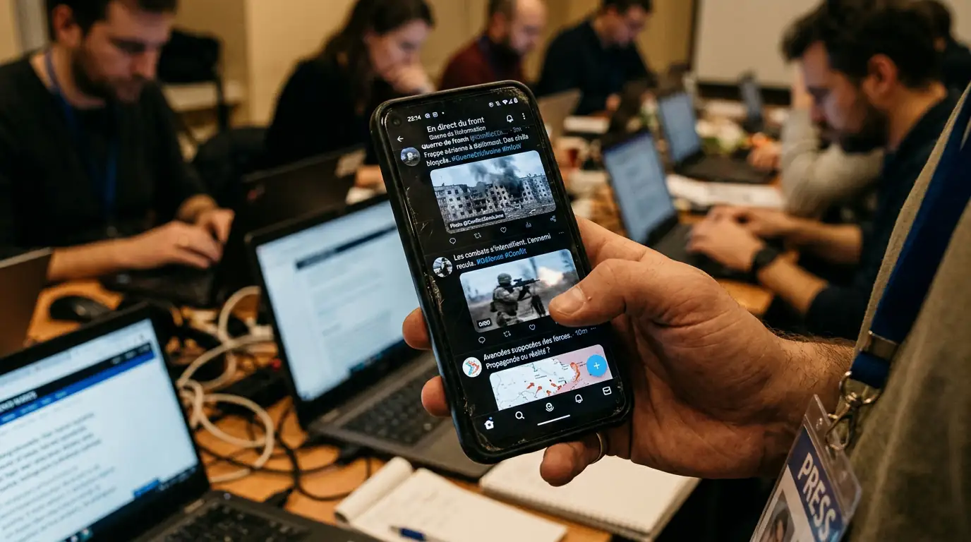 Écran de smartphone affichant des publications de réseaux sociaux sur un conflit, symbole de la guerre de l'information.