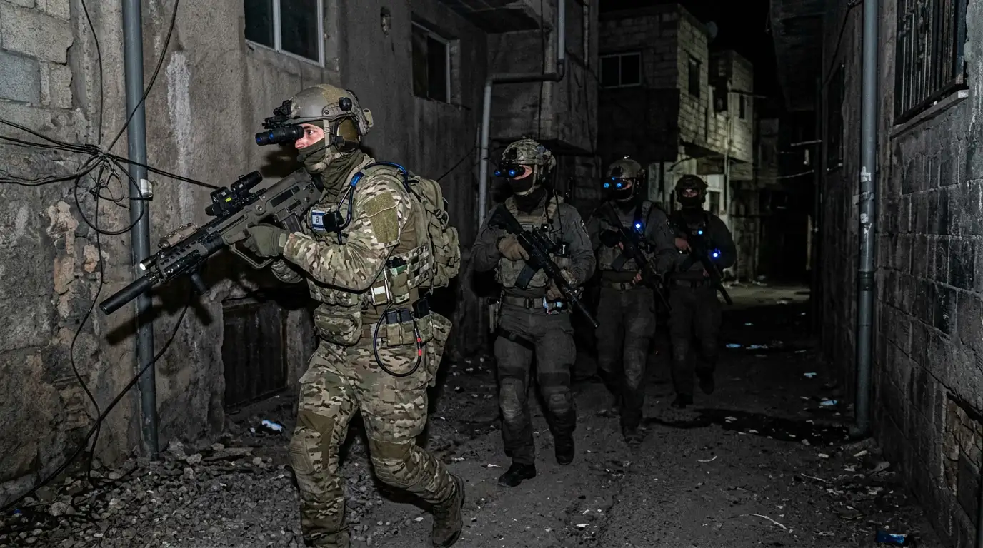 Soldats des forces spéciales israéliennes équipés pour une opération nocturne en milieu hostile.