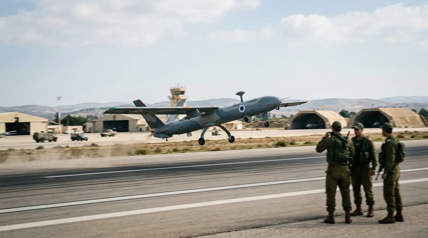 Un drone de reconnaissance israélien à voilure fixe au décollage, illustrant le savoir-faire d'Israël en aéronefs sans pilote.