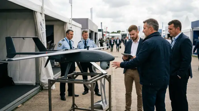 Drone et système de surveillance israéliens présentés à l'export, symbole de la diplomatie de l'armement.