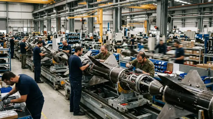 Chaîne d'assemblage d'un système de défense israélien, illustrant la puissance industrielle du secteur.