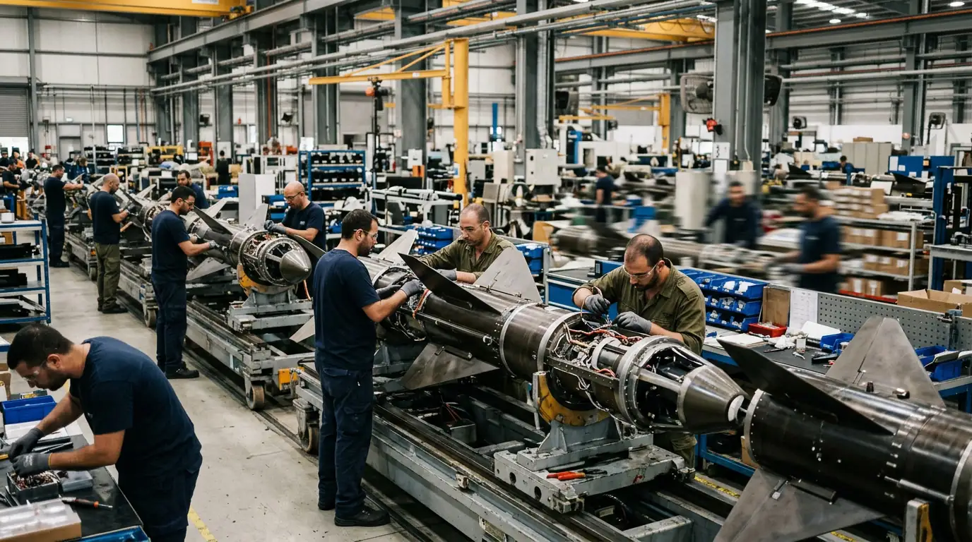 Chaîne d'assemblage d'un système de défense israélien, illustrant la puissance industrielle du secteur.
