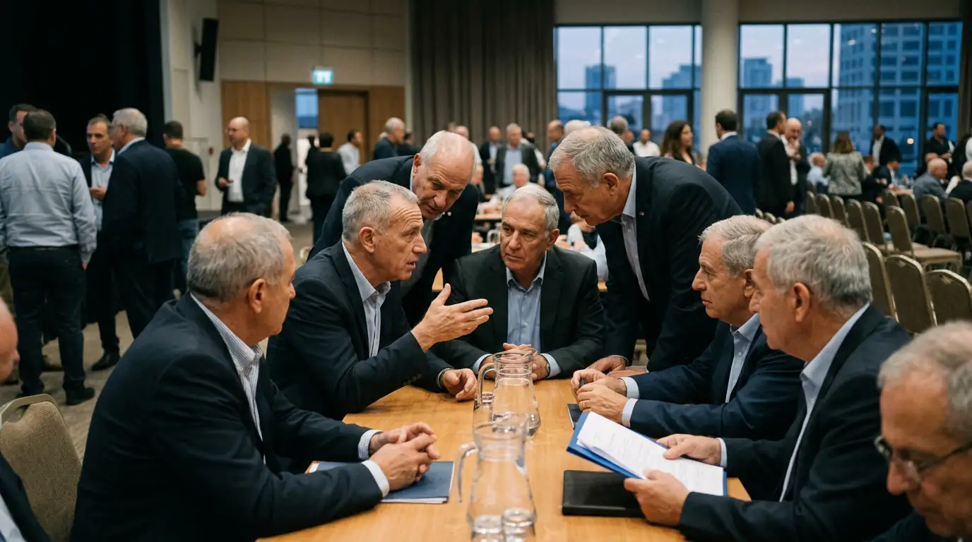 Anciens officiers israéliens en costume civil lors d'une réunion publique liée à la politique et aux affaires.