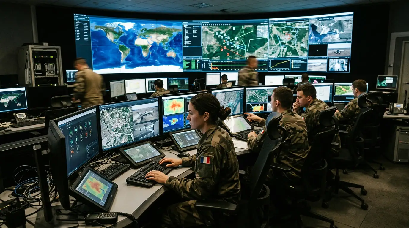 Salle de commandement militaire où des analystes exploitent des systèmes d'intelligence artificielle pour le ciblage et la défense.