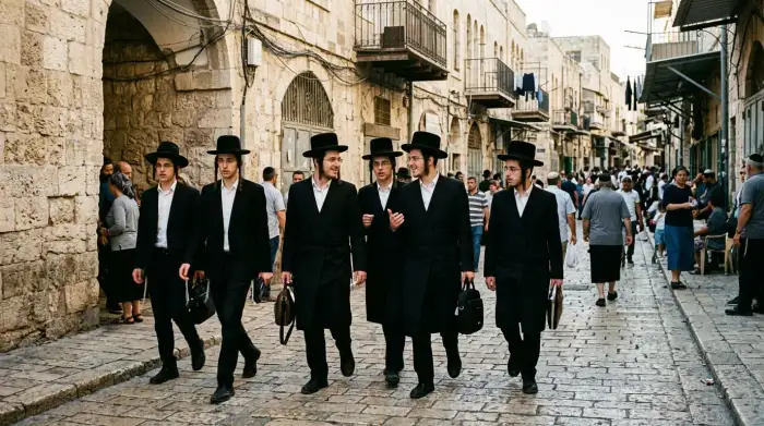 Jeunes hommes juifs ultra-orthodoxes en habits noirs marchant dans une rue de Jérusalem.