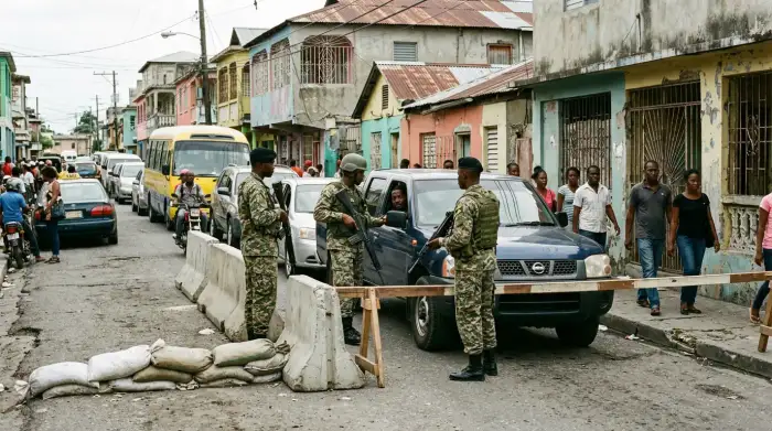 Un poste de contrôle militaire dans une rue de Kingston, en Jamaïque, lors d'un état d'urgence.