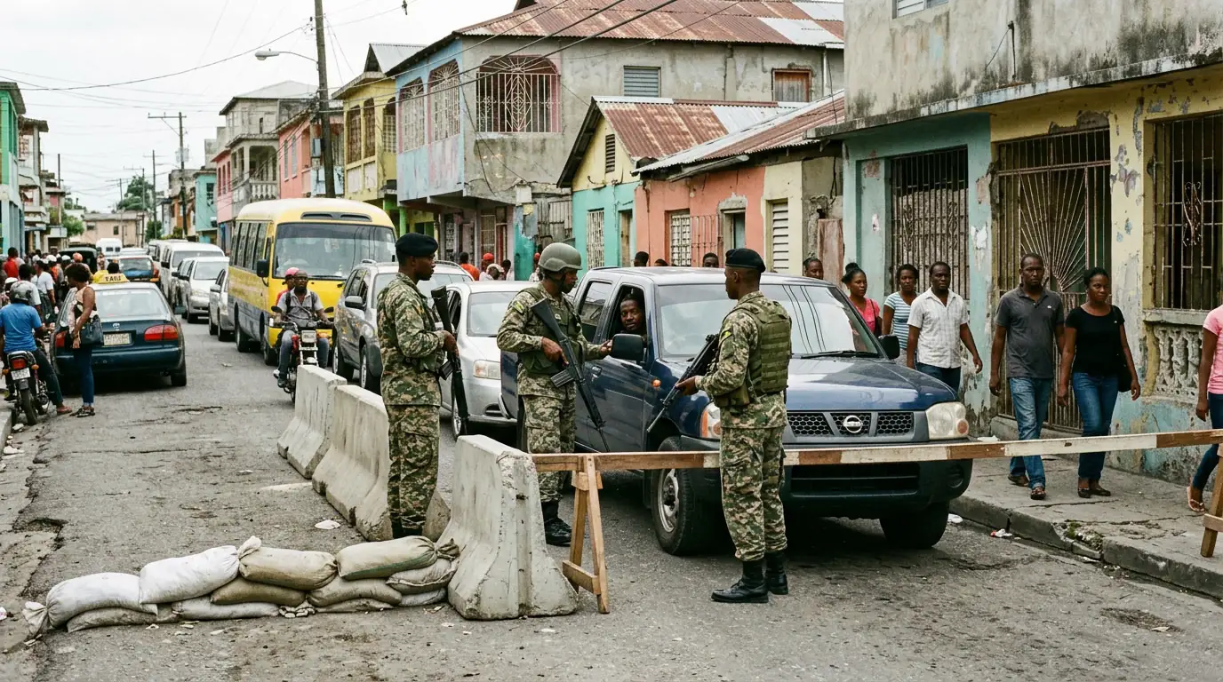 Un poste de contrôle militaire dans une rue de Kingston, en Jamaïque, lors d'un état d'urgence.