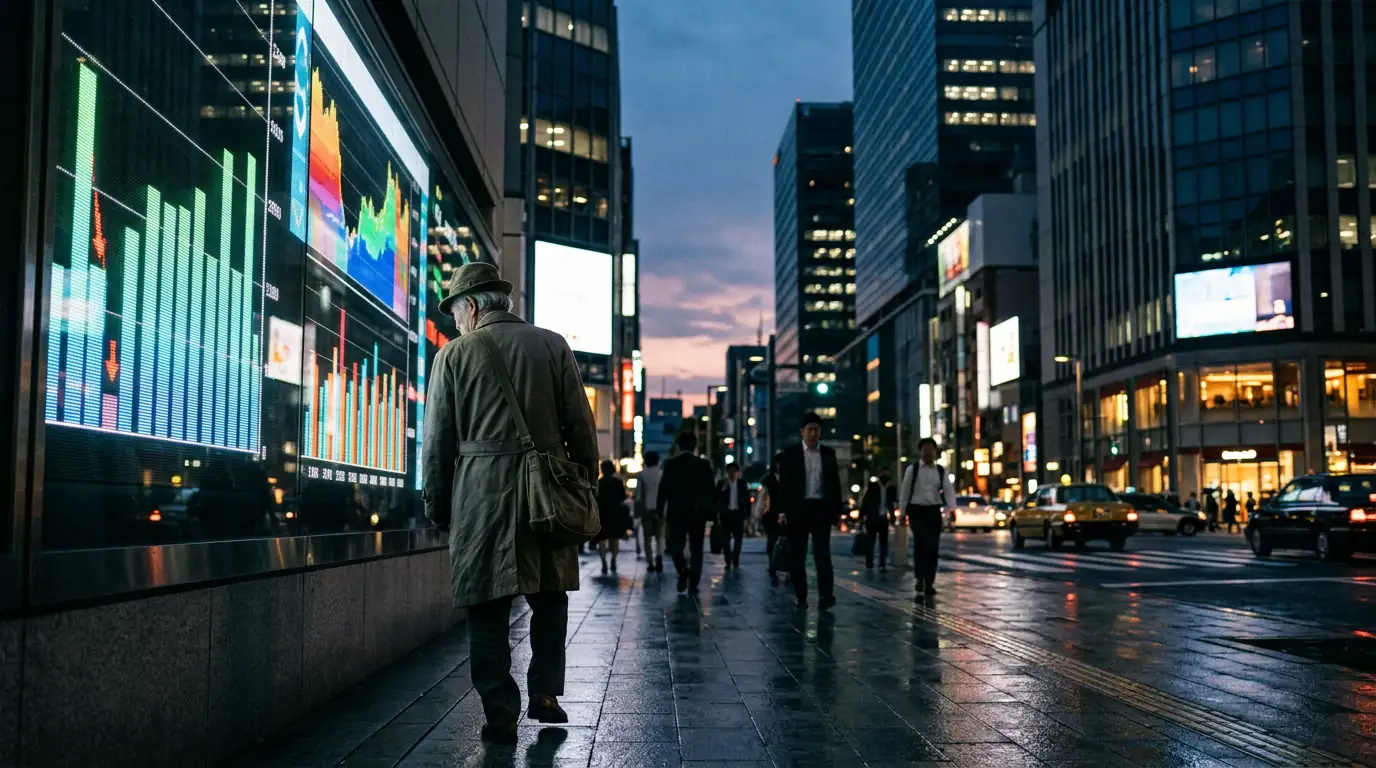 Quartier d'affaires de Tokyo au crépuscule, tableau électronique des cours de la Bourse et silhouette vieillissante d'un passant, symboles d'une économie entre inflation, dette et déclin démographique.