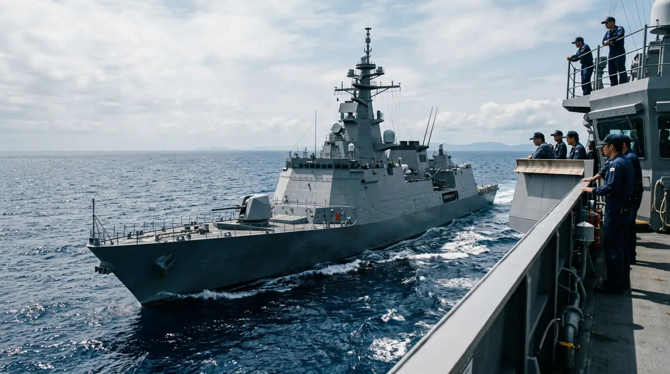 Frégate de la Force maritime japonaise d'autodéfense naviguant en mer, symbolisant le tournant des exportations de défense.