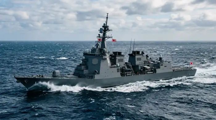 Un destroyer lance-missiles de la Force maritime d'autodéfense japonaise en mer, symbole du réarmement accéléré du Japon.