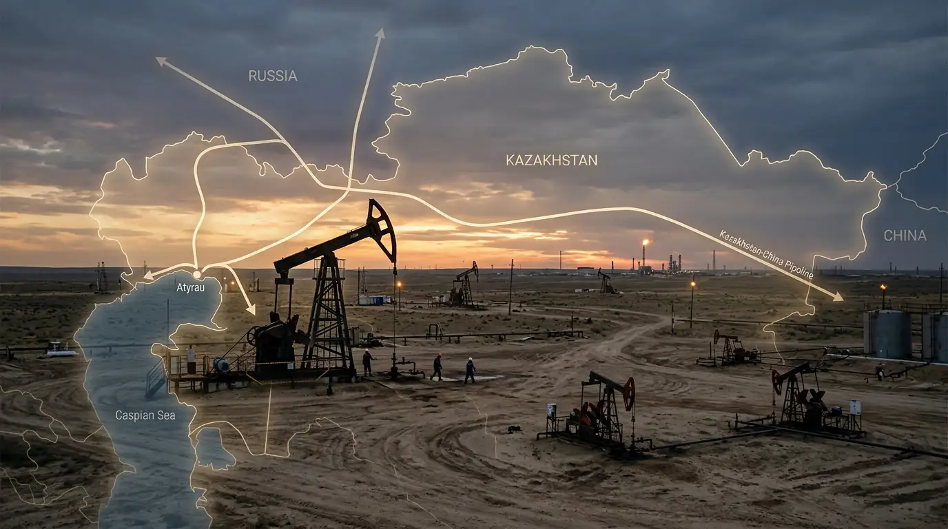 Installations pétrolières et derricks dans la steppe kazakhe au crépuscule, avec en surimpression discrète une carte des routes d'exportation vers la Russie, la Chine et la mer Caspienne.