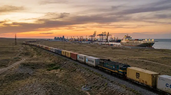 Train de conteneurs traversant la steppe kazakhe vers un port de la mer Caspienne, grues portuaires et navire roulier à l'horizon dans la lumière du soir.